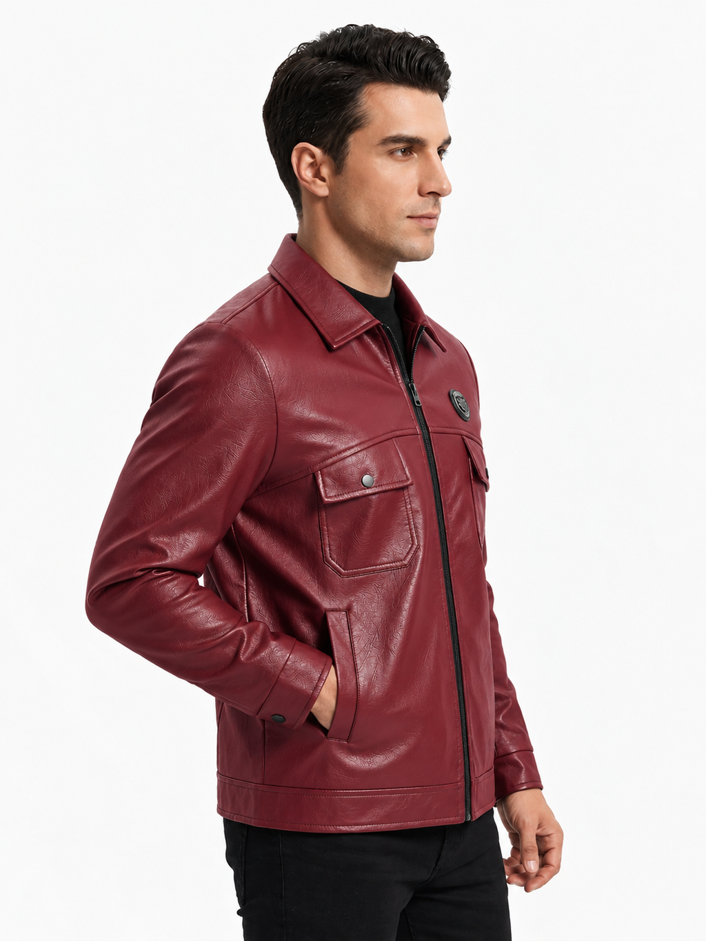 Maroon Leather Textured Jacket For Men