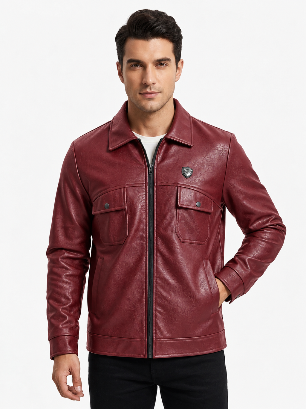 Maroon Leather Textured Jacket For Men