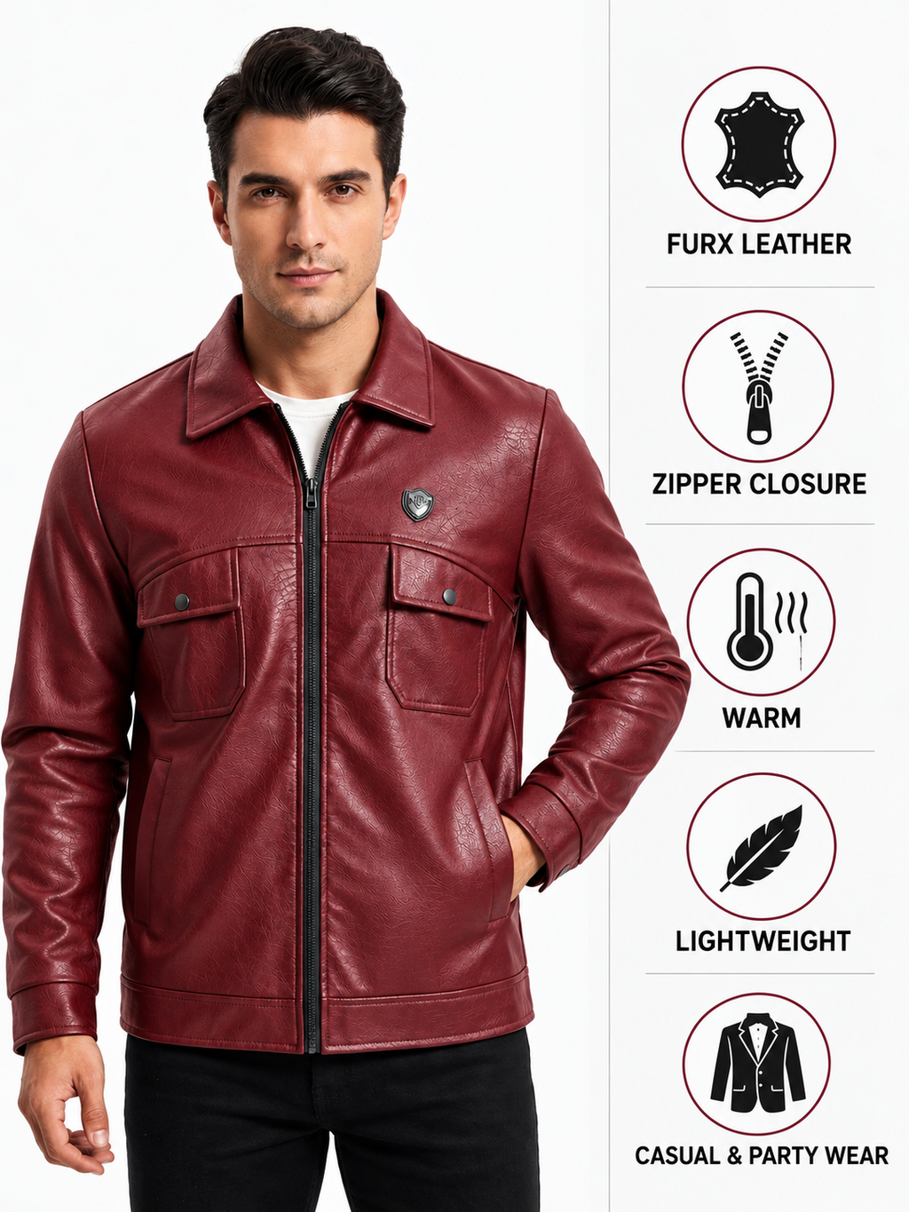 Maroon Leather Textured Jacket For Men